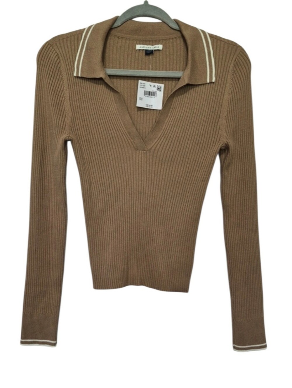 American Eagle Ribbed Collared Sweater Tan Long Sleeve Size Medium NWT